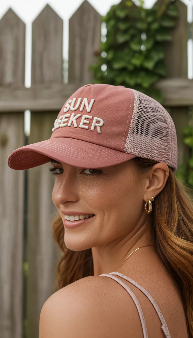 Dusty Rose Aloha Trucker Cap A woman modeling a dusty rose mesh aloha trucker cap with white block lettering and small gold hoop earrings, smiling in a casual outdoor setting.