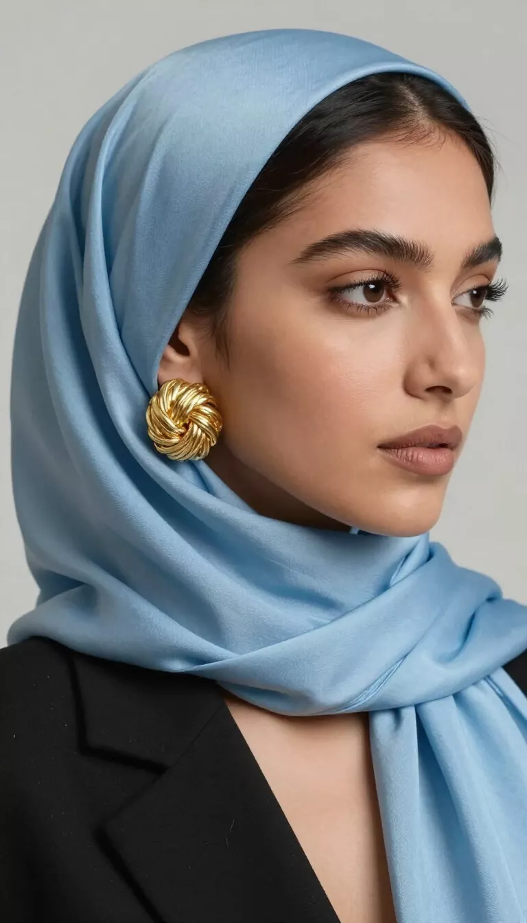 Periwinkle Blue Silky Headscarf A woman wearing a silky periwinkle blue headscarf tied under her chin and large chunky gold woven knot stud earrings, looking elegant and timeless.