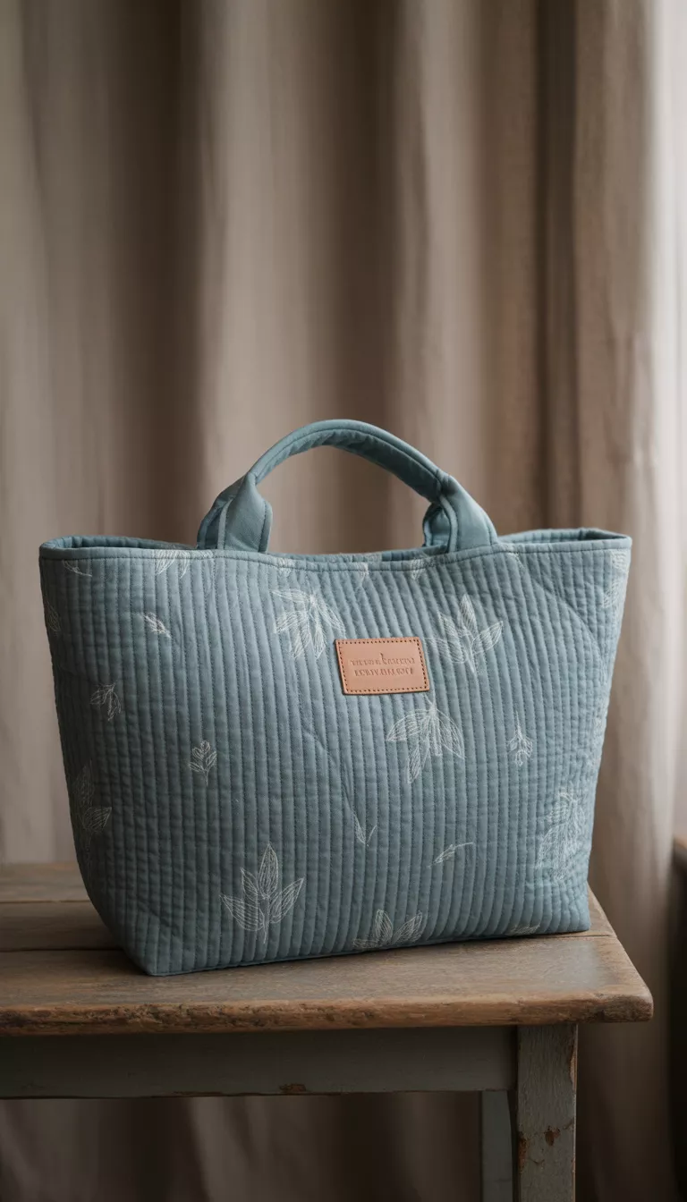 Quilted Dusty Blue Leaf Pattern Tote A large quilted dusty blue tote bag with a subtle leaf pattern and a small tan leather patch, displayed clearly to show its spacious design.