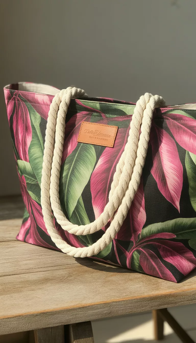 Tropical Leaf Print Rope Handle Tote A large tote bag with a pink and green tropical leaf print featuring thick white rope handles and a leather patch detail resting on a flat surface.