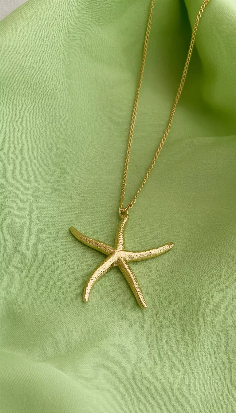Gold Starfish Pendant Chain A close up of a gold chain necklace featuring a textured hammered look starfish pendant resting against a light green fabric.