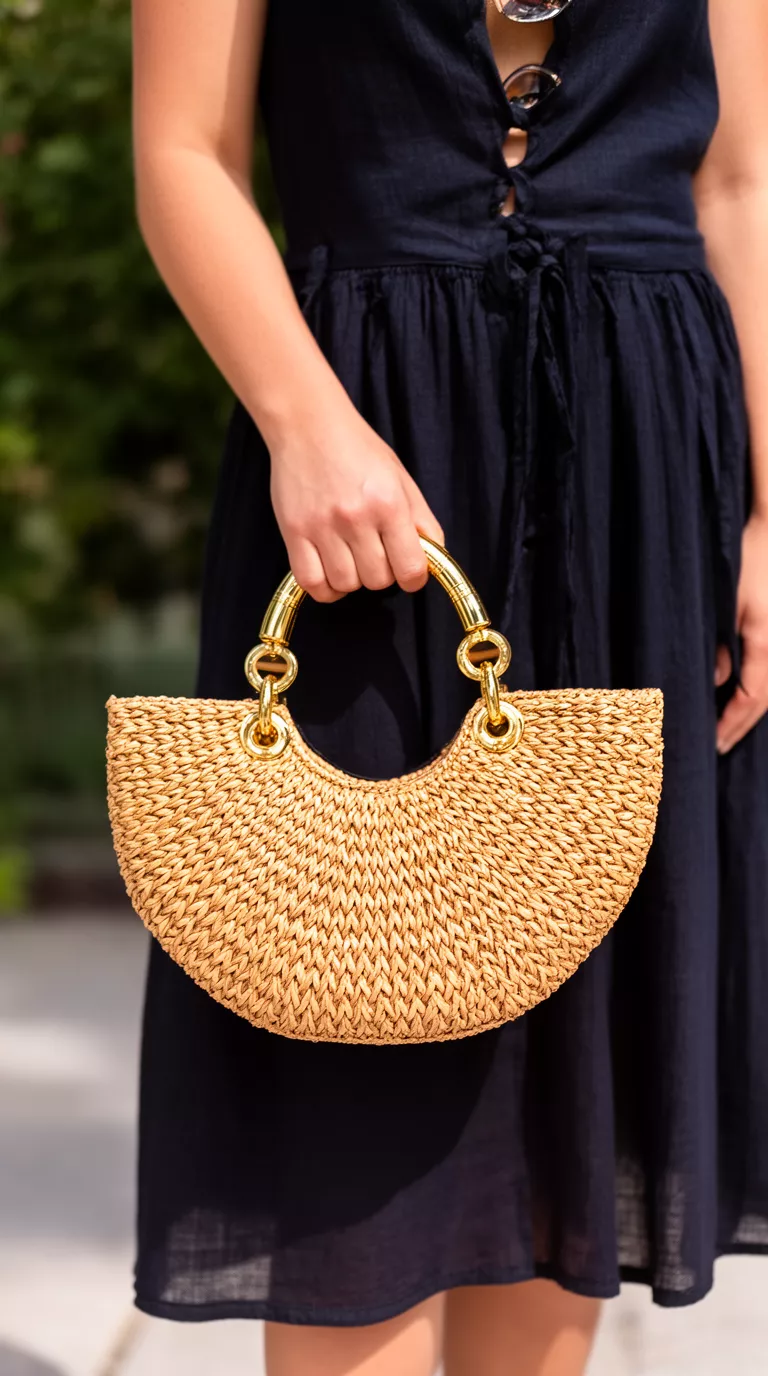 Crescent Woven Straw Bag With Gold Hardware A woman holding a crescent shaped woven straw bag with substantial gold metal hardware integrated into the handles, contrasting with her dark summer outfit.