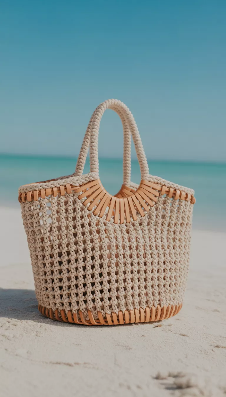 Open Weave Beige Crochet Tote A beige open weave crochet tote bag with rope handles and light brown leather detailing, displaying a relaxed and bohemian beach style.