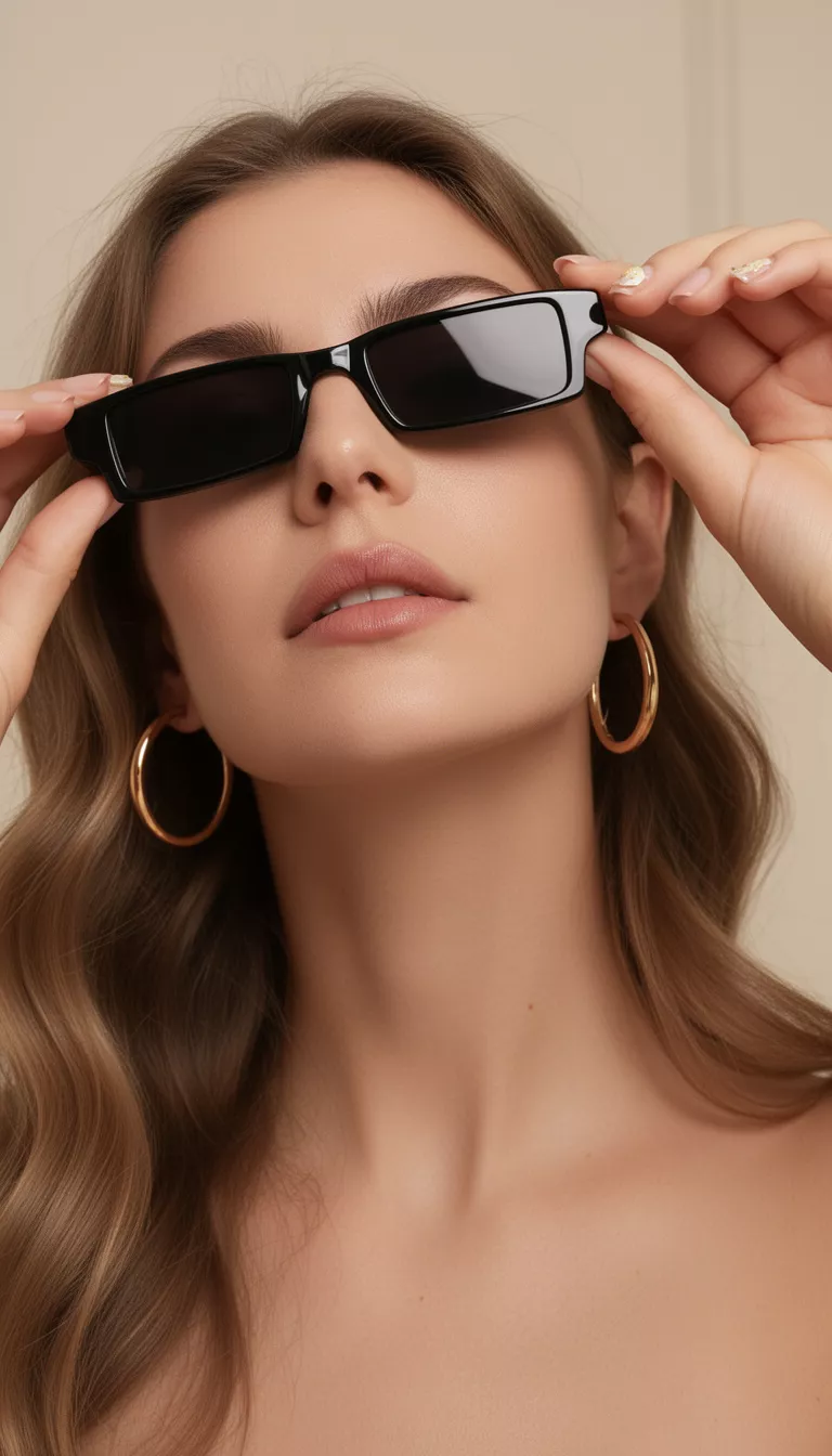 Narrow Rectangular Black Sunglasses A woman wearing narrow rectangular black sunglasses and gold hoop earrings, reaching up with manicured fingers to adjust the sleek frames on her face.