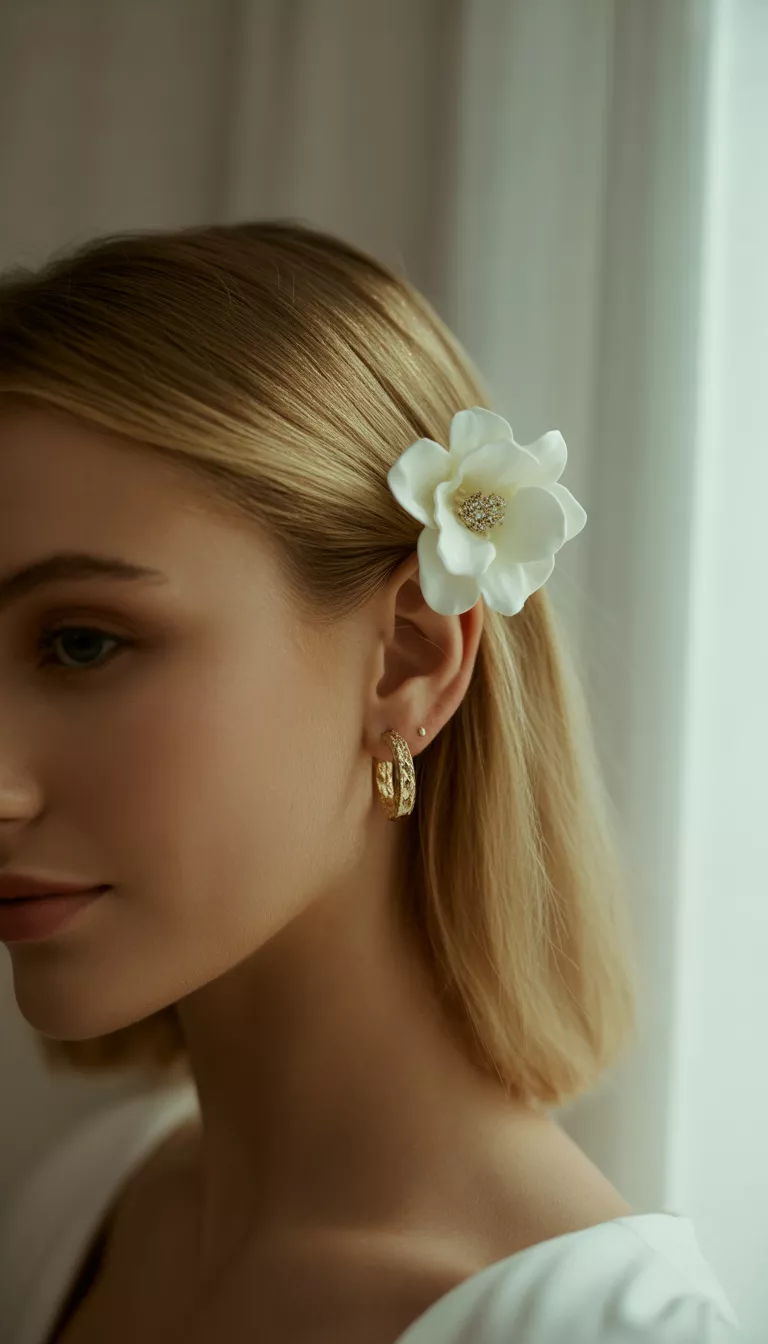 Sculpted White Flower Claw Clip A blonde woman with her hair partially pulled back using a white sculpted flower claw clip, showing small textured gold hoop earrings from a side profile view.