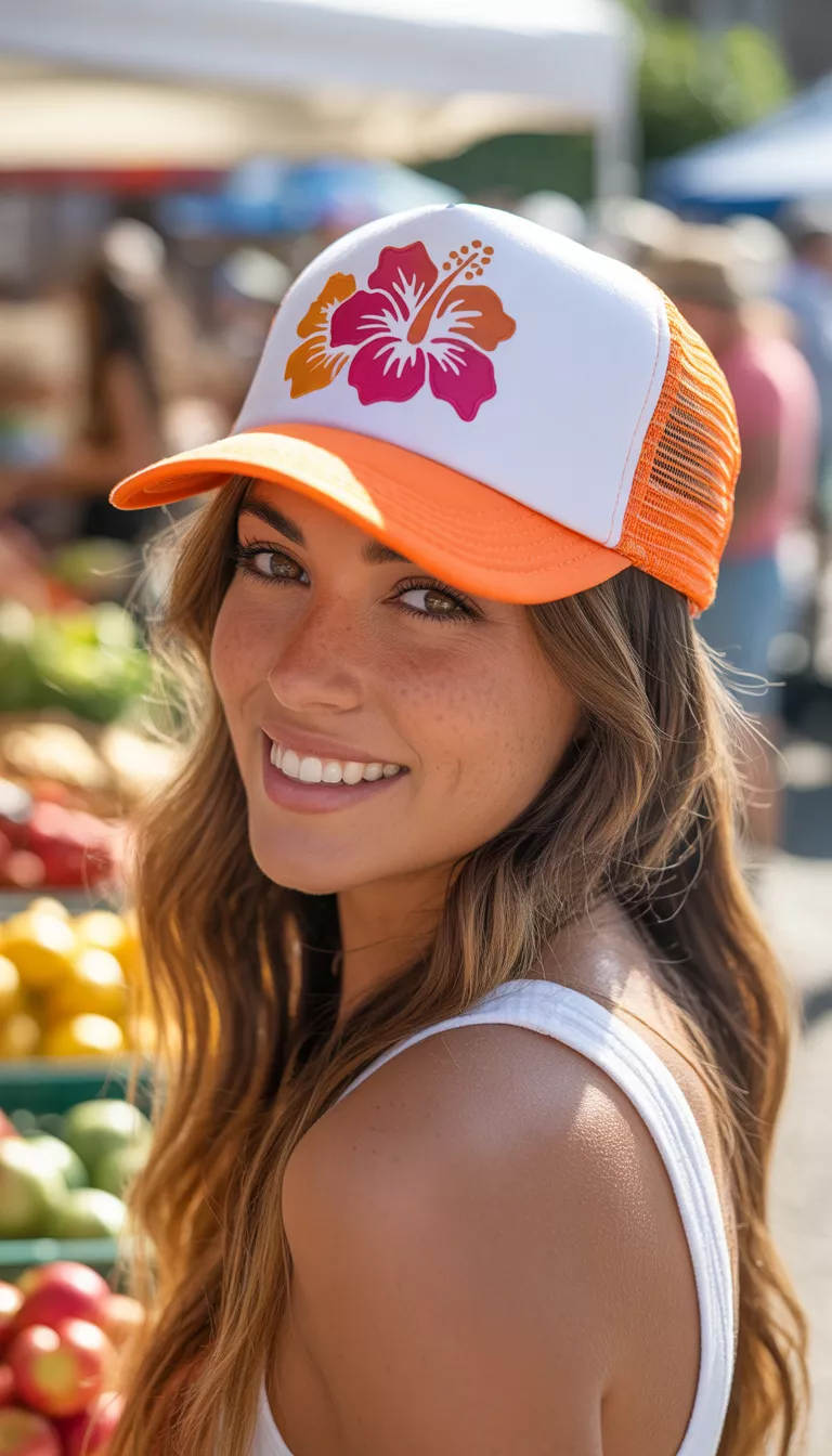 Hibiscus Flower Trucker Hat A woman modeling a white trucker hat with orange trim featuring a pink and orange hibiscus flower design, giving off a youthful and energetic summer vibe.