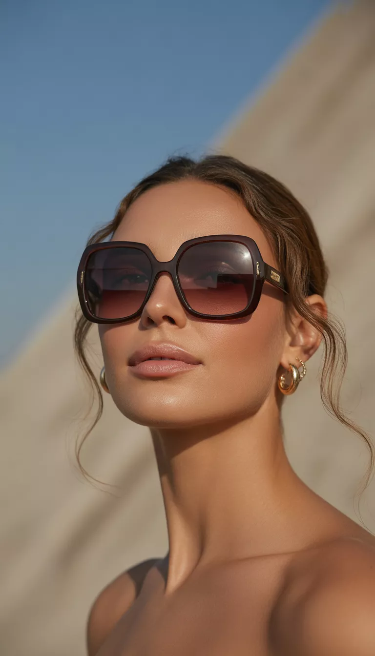 Oversized Brown Gradient Sunglasses A woman wearing oversized square brown gradient sunglasses with thick frames and small gold hoop earrings, her face framed by soft summer light as she looks directly at the camera with a confident expression.