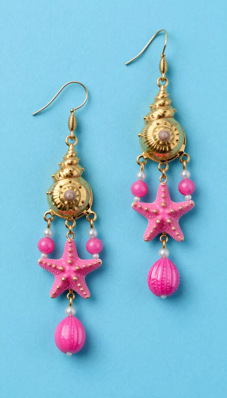 Gold Charm Earrings With Pink Beads Two ornate gold earrings featuring spiral shells, dangling bright pink beads, starfish, and smaller shell charms displayed against a solid blue background.
