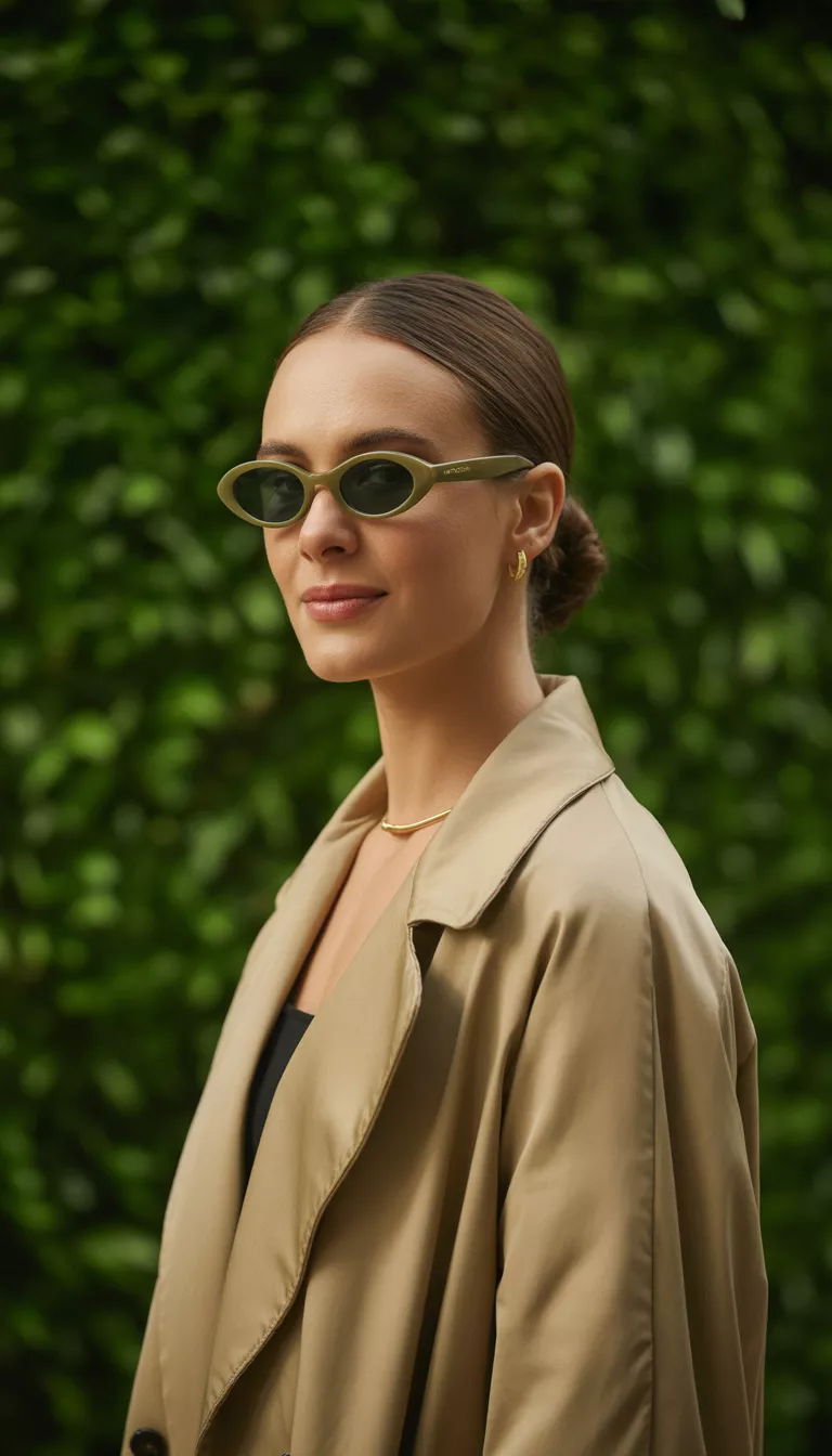 Oval Khaki Tinted Gold Sunglasses A woman wearing small oval khaki tinted sunglasses with thin gold frames and her hair pulled back, showcasing a refined and modern accessory choice.