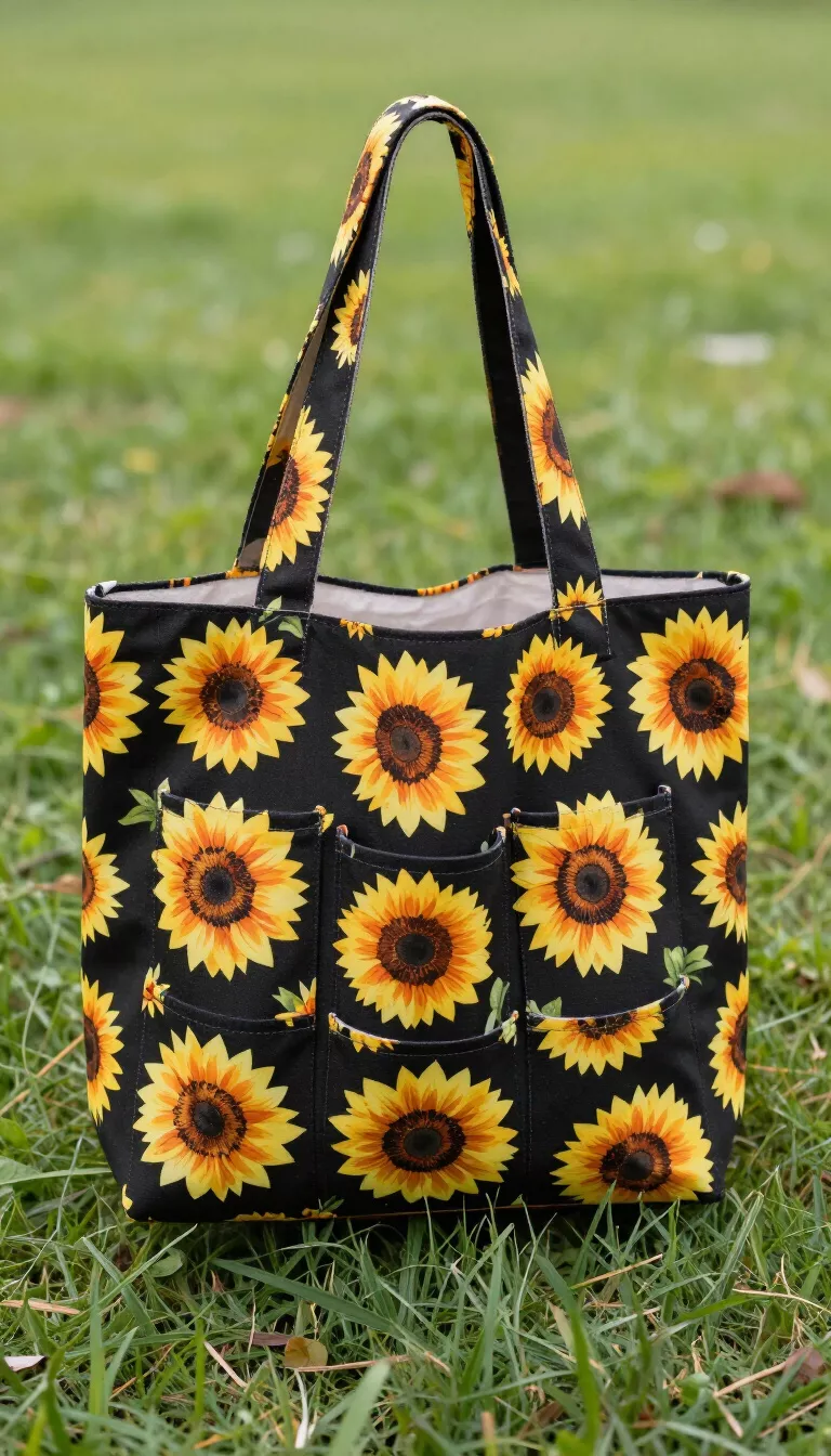 A black fabric tote bag covered in a bright yellow and orange sunflower print featuring multiple deep exterior pockets for organization, standing on a grassy area.