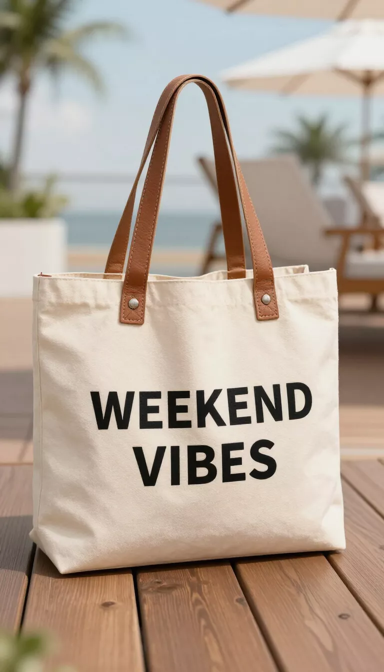 A cream canvas tote bag with black text that reads WEEKEND VIBES and contrasting brown faux leather shoulder straps resting on a summer deck.