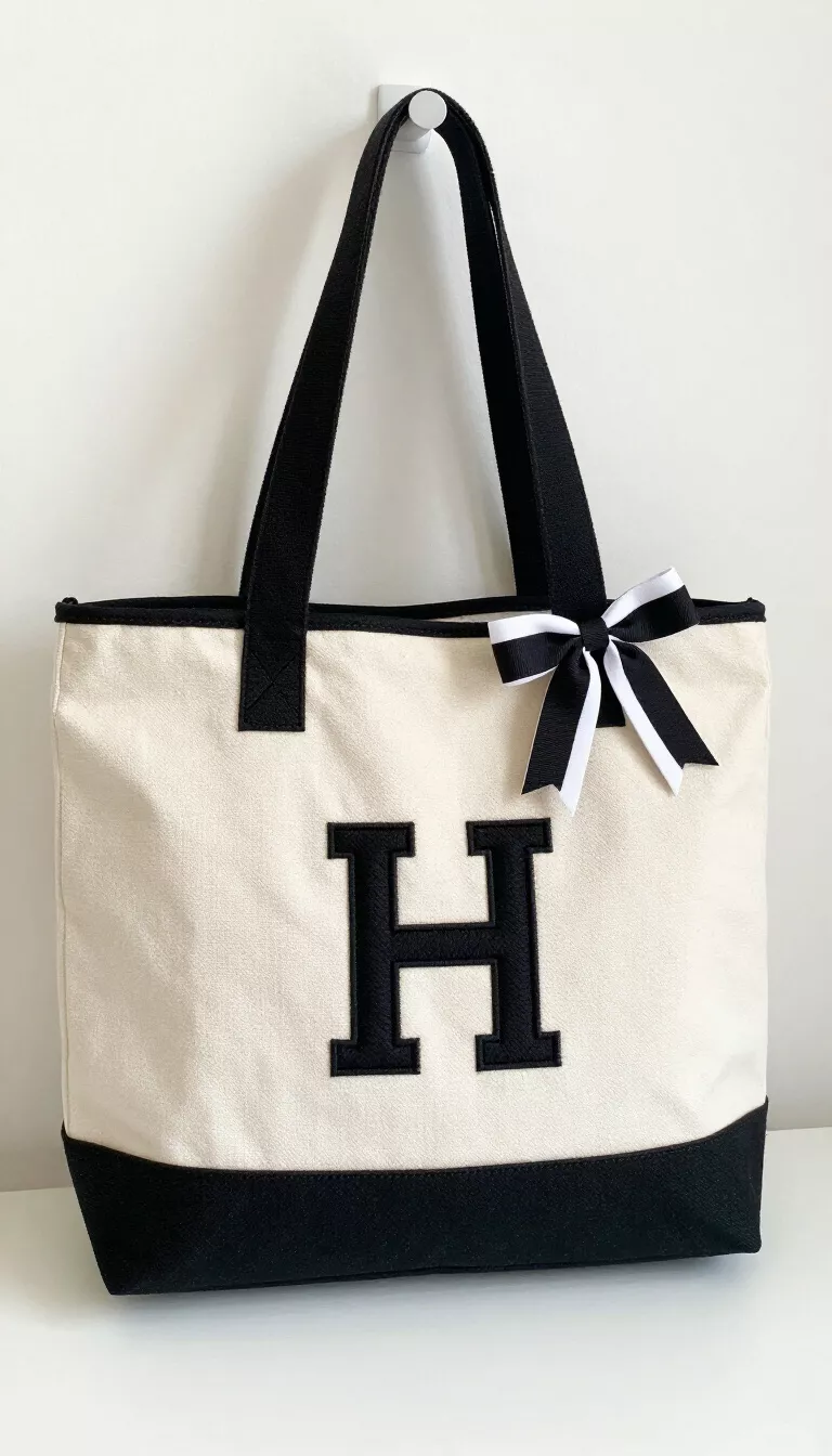 A cream colored canvas tote bag with black trim featuring a large black embroidered letter H on the front and a small black and white fabric bow attached to the handle base.