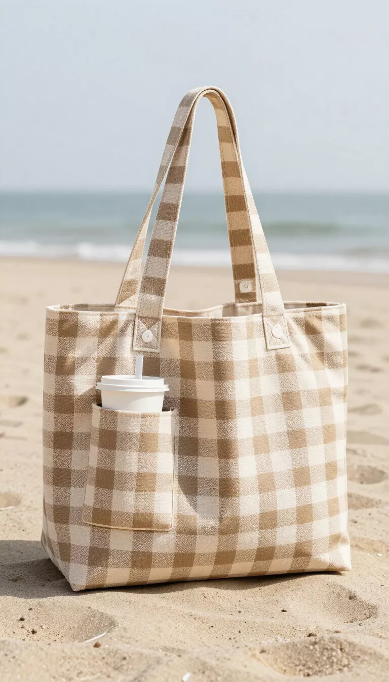 A tan and beige checkerboard pattern fabric tote bag with large side pockets for drinks or accessories sitting on a neutral beach background.