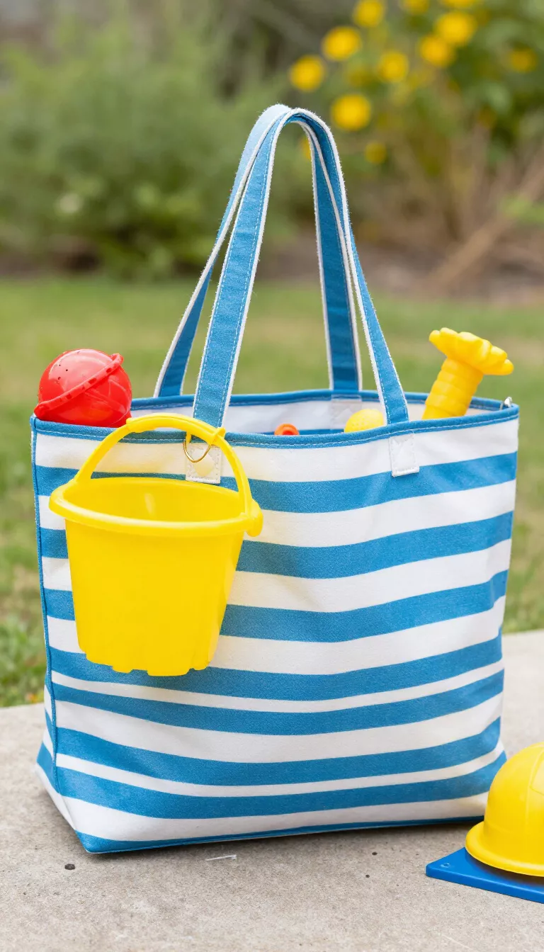 A bright blue and white horizontally striped large tote bag containing a yellow plastic bucket and miscellaneous colorful beach toys for children.