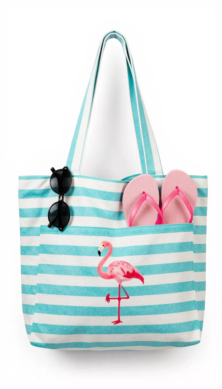 An aqua and white striped tote bag with a pink flamingo print, featuring sunglasses and flip flops tucked into the convenient front exterior pockets.