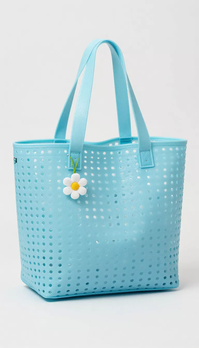 A light blue perforated EVA material tote bag with a rubberized texture, styled like a jelly bag, featuring a small white daisy charm ornament on the front.
