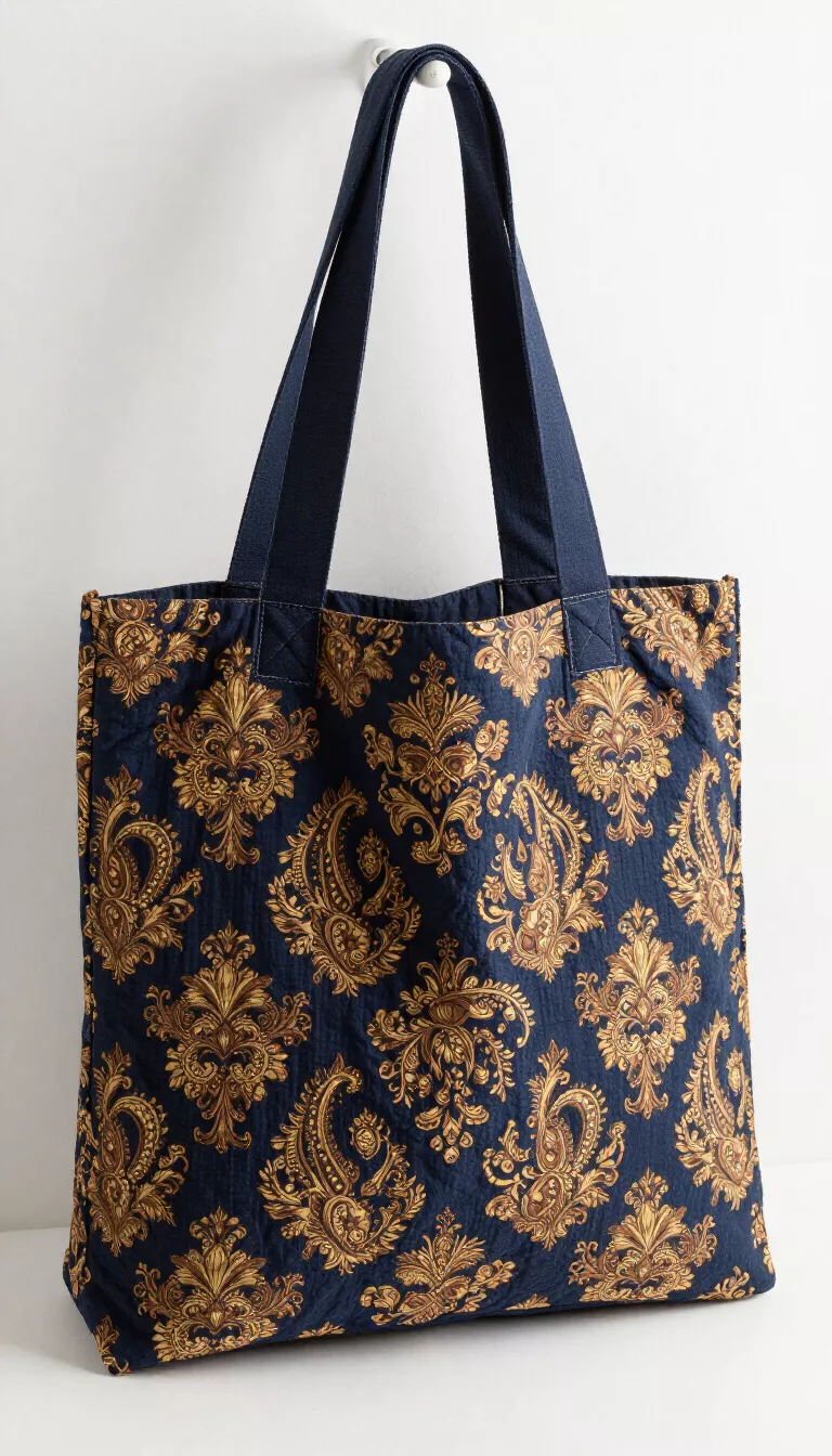 A quilted fabric tote bag in navy blue featuring a rich gold and brown paisley floral pattern with thick sturdy matching navy handles.