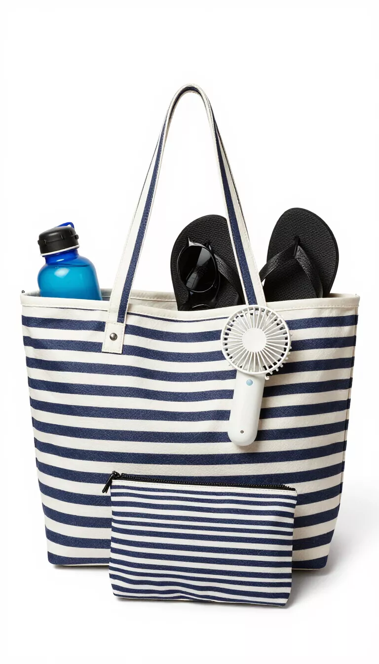 A navy and white horizontally striped large tote bag containing a blue water bottle, black flip flops, sunglasses, a handheld fan, and a matching striped zipper pouch.