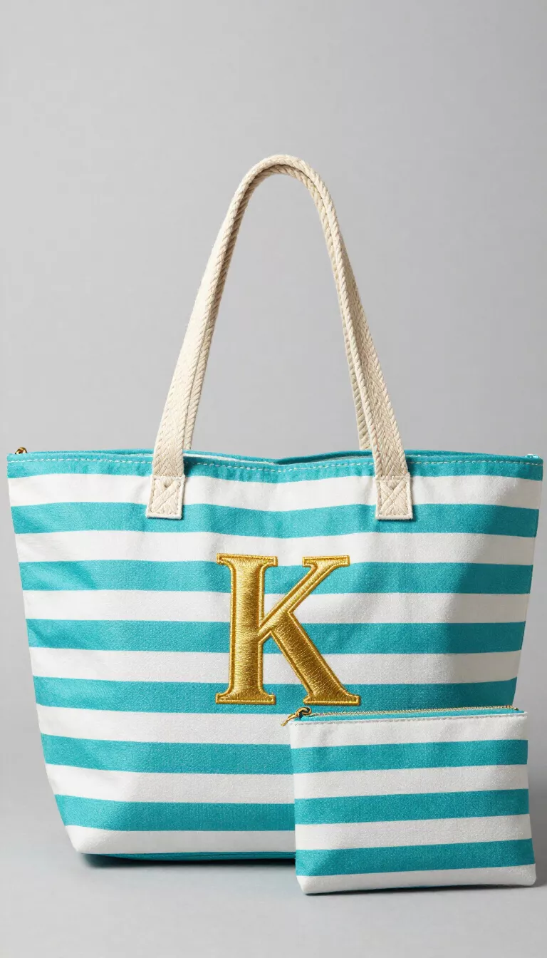 A turquoise and white horizontally striped tote bag with natural thick rope handles, a gold embroidered letter K, and a matching striped zipper pouch.