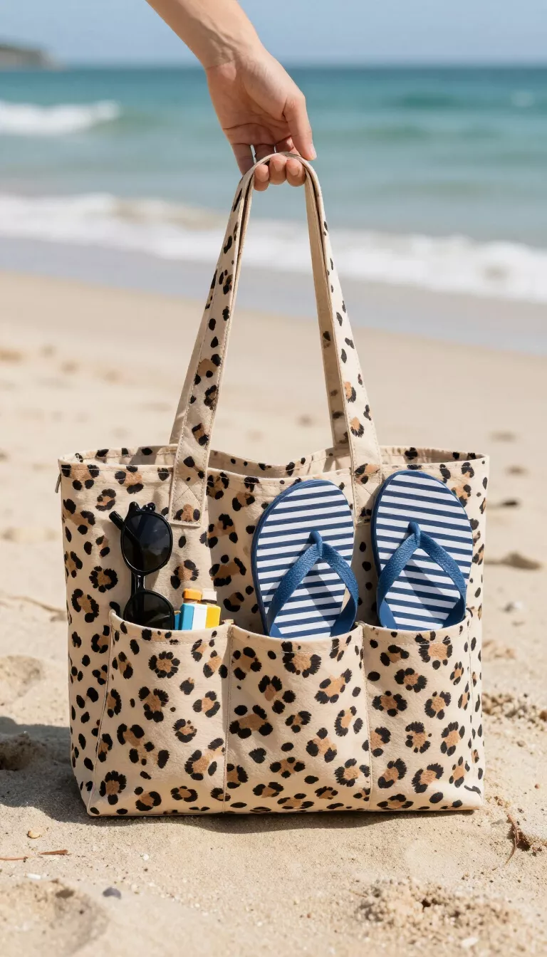 A beige leopard print fabric tote bag with exterior pockets holding sunglasses, striped flip flops, and small personal items on a sandy beach.