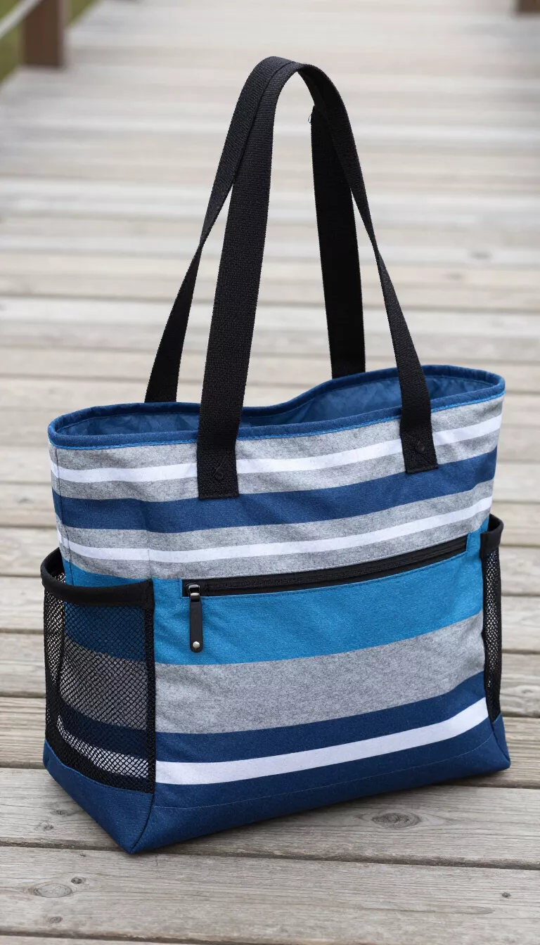 A lightweight blue and gray striped fabric tote bag with black canvas shoulder straps and visible black mesh side pockets on the exterior containing small items, designed for a modern sporty aesthetic on a wooden boardwalk.