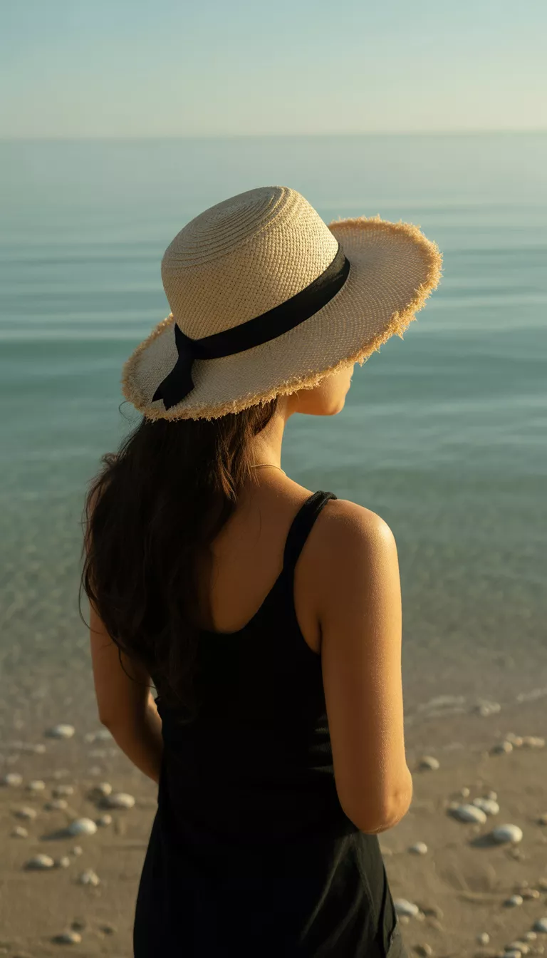 A beautiful woman seen from behind with long dark hair wearing a black tank top shading her face with a straw hat featuring a black ribbon and frayed brim near the sand.