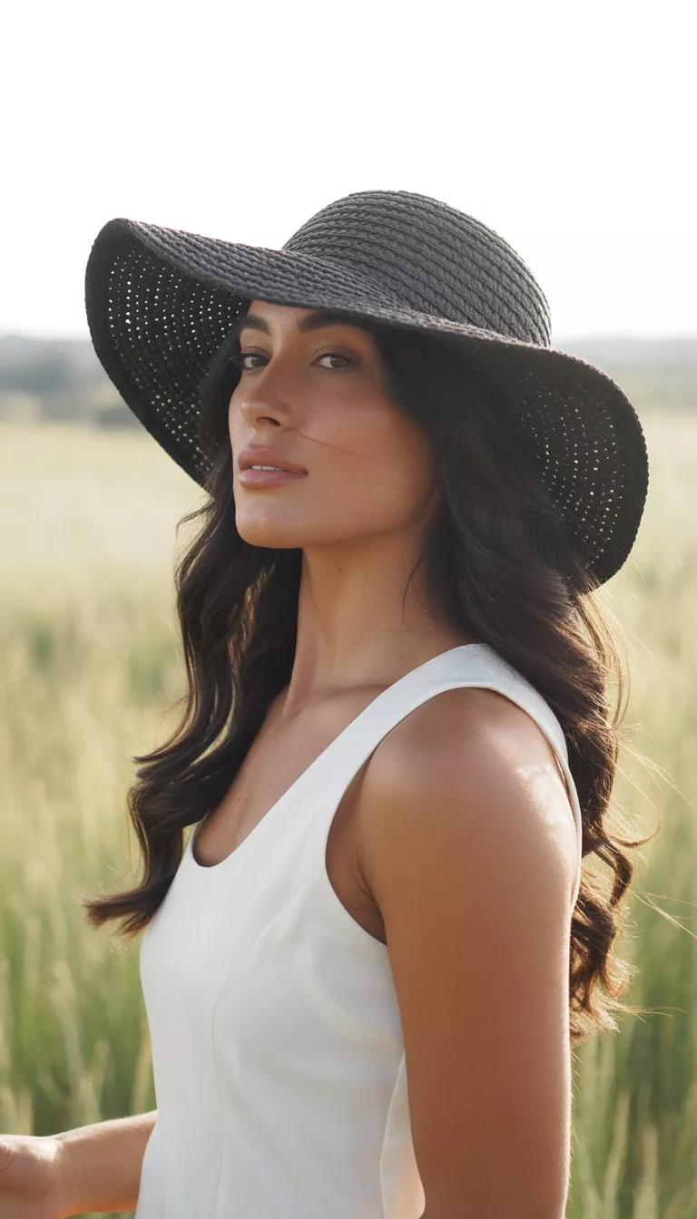 A beautiful woman with long dark hair wearing a wide brimmed black woven floppy hat angled to shield her face posing in a white structured tank top.