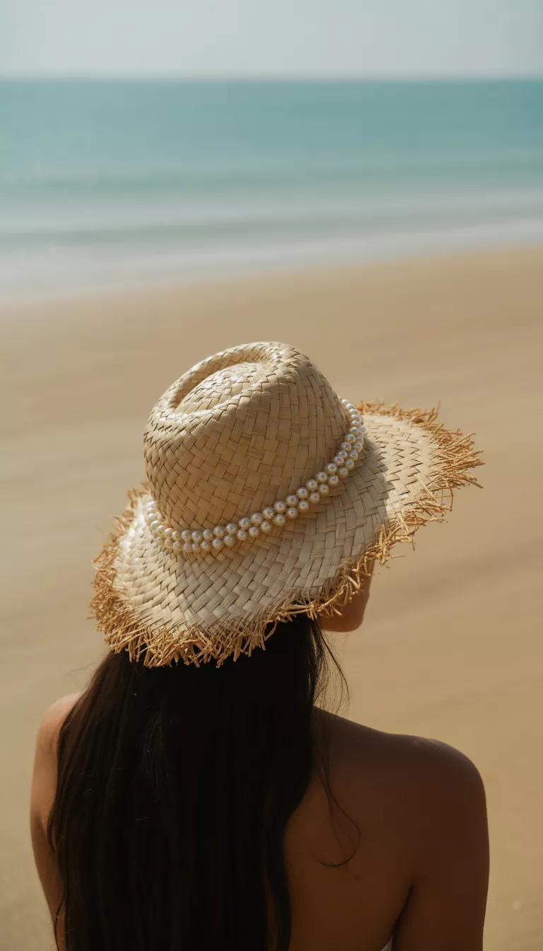 A beautiful woman seen from behind with long dark hair wearing a unique woven straw hat adorned with pearls and a scalloped frayed edge on the sand.