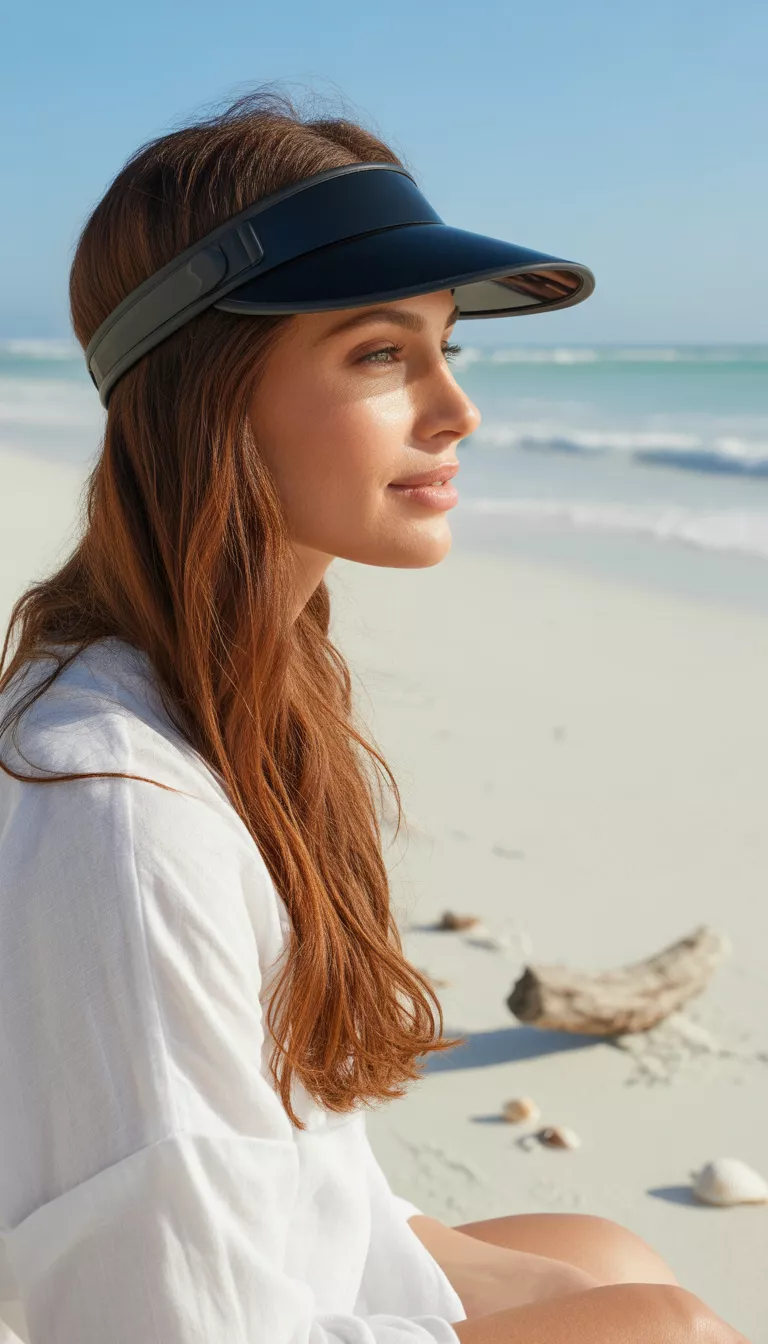A beautiful woman with long brown hair wearing a fitted black sun visor hat sitting on the sand at the beach in a white top.