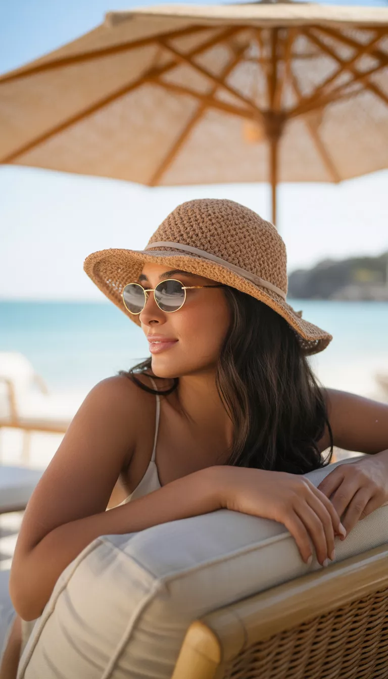 A beautiful woman with long dark hair wearing oval sunglasses and a textured light beige floppy bucket hat with a chin strap at a beach lounge.