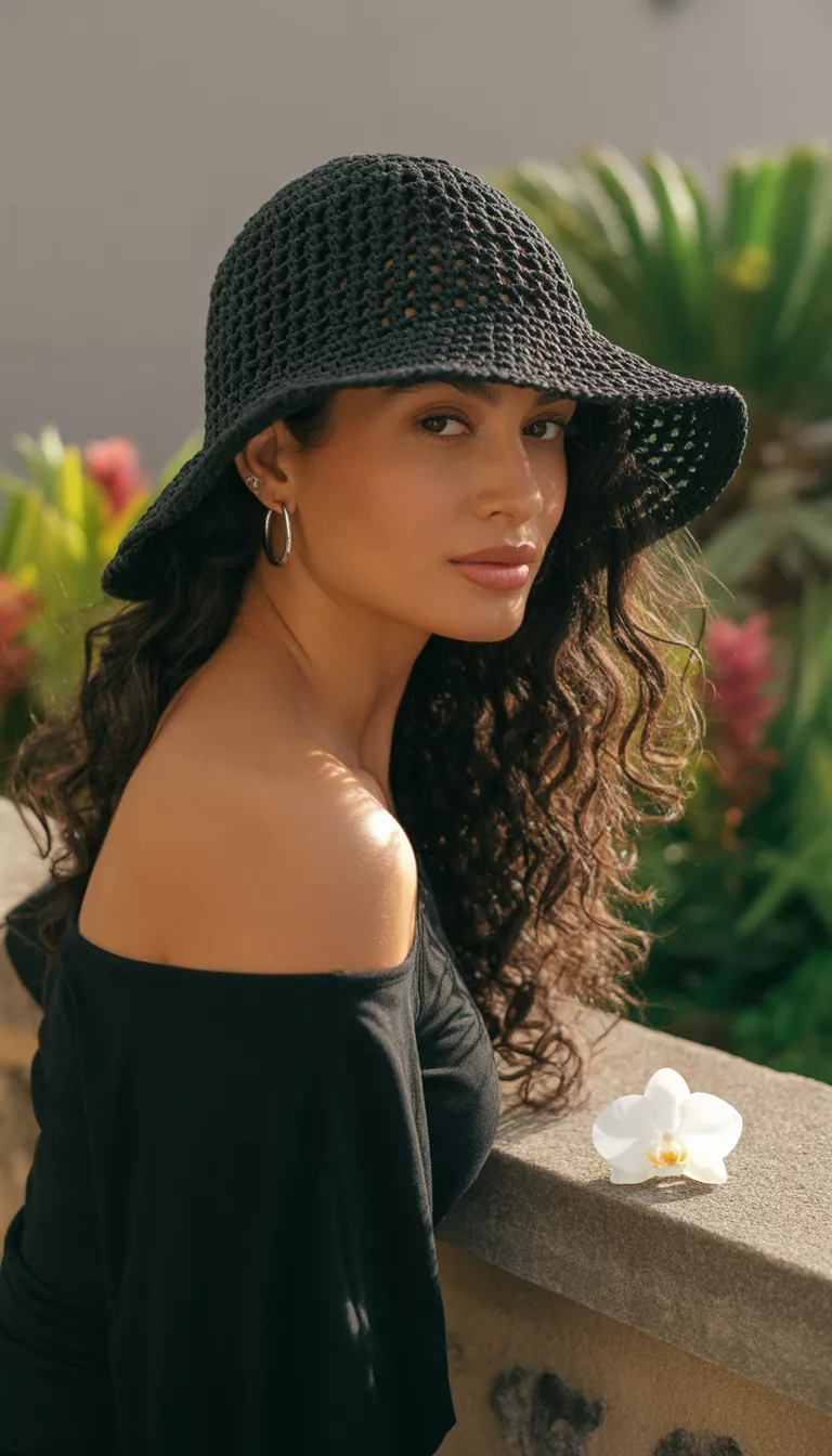 A beautiful woman with long wavy dark hair wearing a black open weave crocheted bucket hat and a black off the shoulder top.