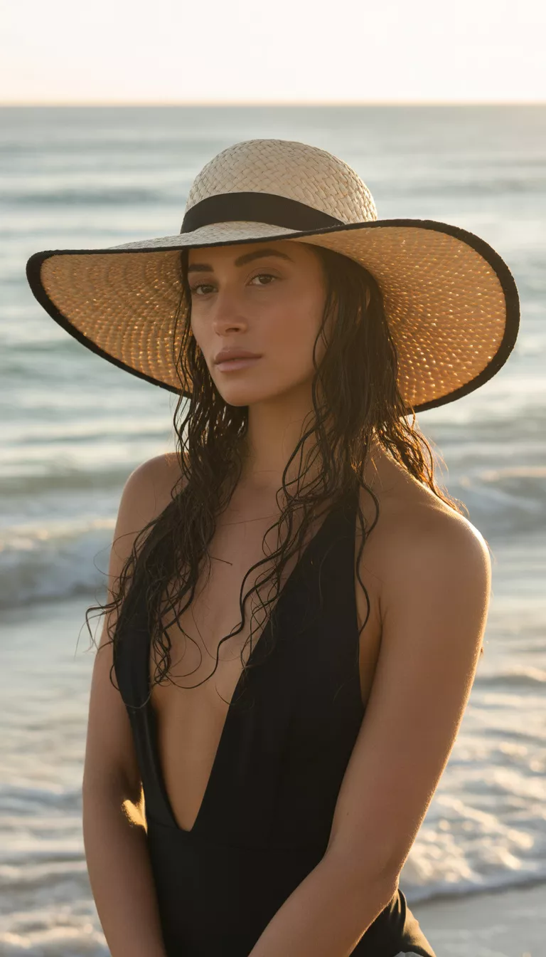 A beautiful woman with long dark wavy hair wearing a very wide brimmed black and natural straw sun hat with a black band in a plunging black swimsuit.
