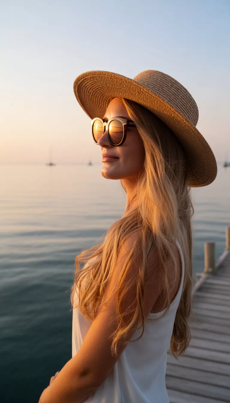A beautiful woman with long wavy blonde hair wearing round sunglasses and a large tan straw sun hat posing on a dock by the ocean at sunset.