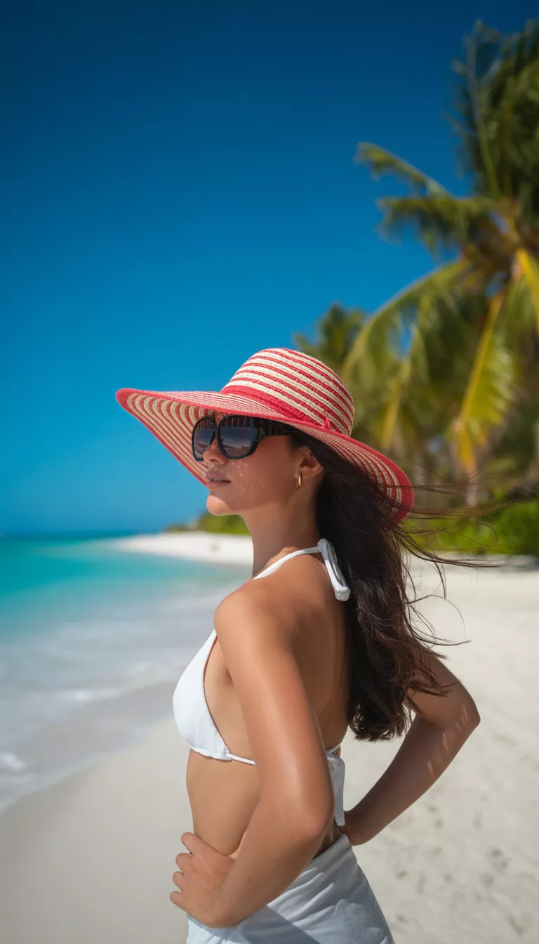 A beautiful woman with long dark hair wearing large black sunglasses and a wide brimmed red and white striped sun hat paired with a white bikini top.