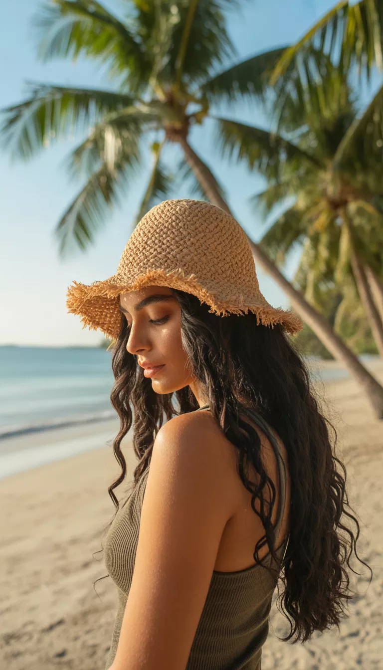 A beautiful woman with long dark hair wearing a fringed beige woven bucket hat looking down in a sunny palm tree lined beach setting wearing a dark top.