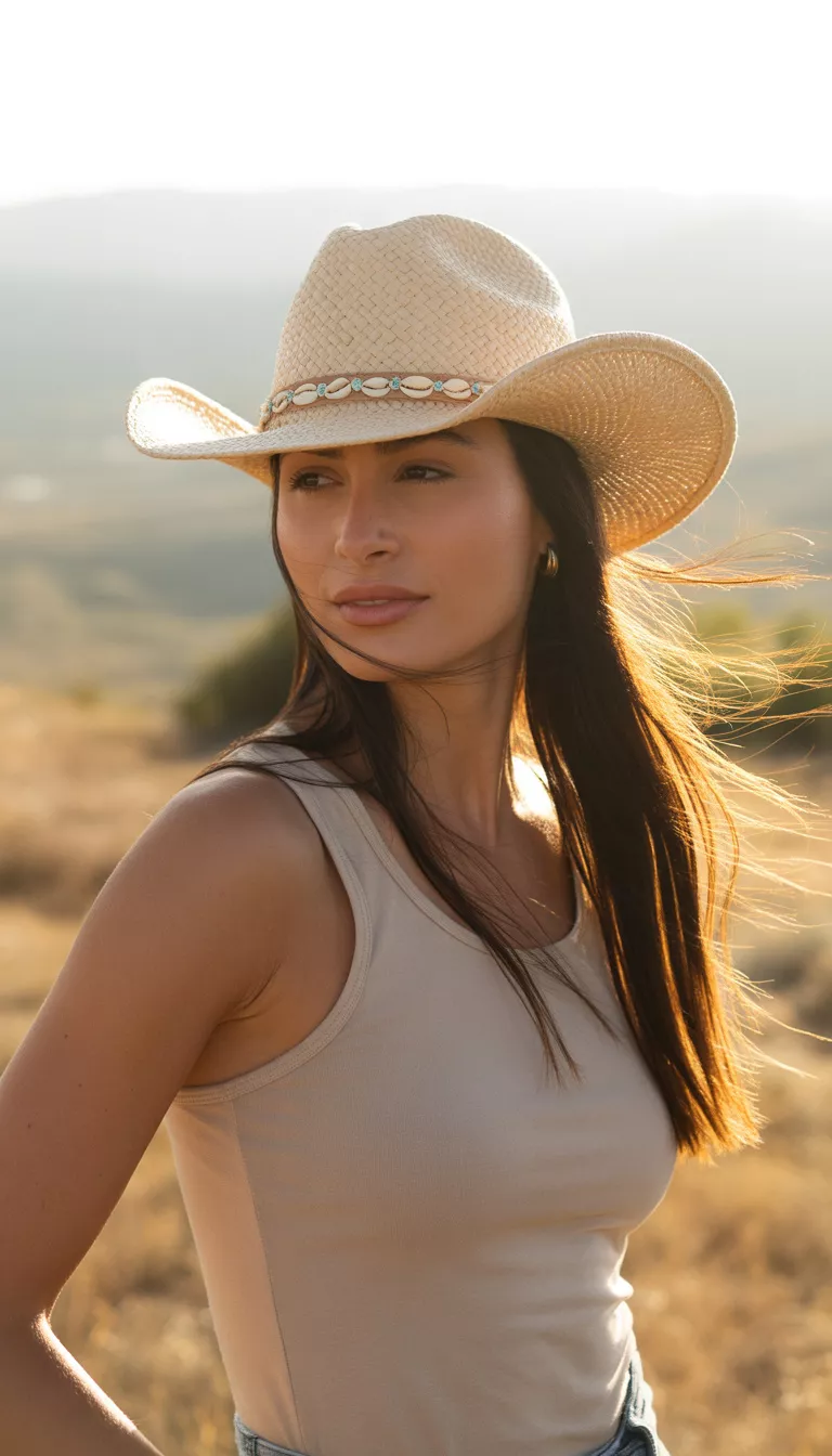 A beautiful woman with long straight dark hair wearing a beige straw cowboy hat decorated with small white shells and turquoise accents in a neutral tank top.