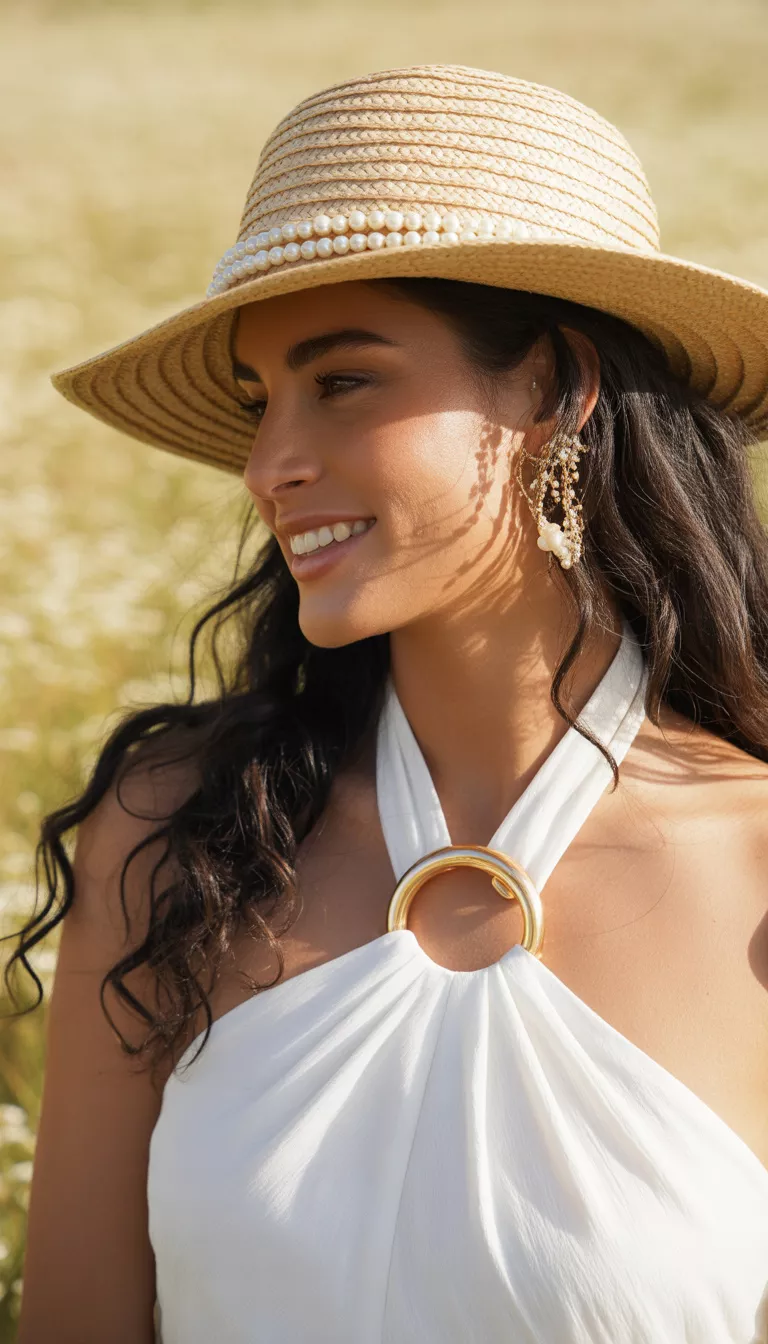 A beautiful woman with long dark hair wearing a white halter top with a large gold ring detail and a natural straw sun hat with pearls and a delicate chain.
