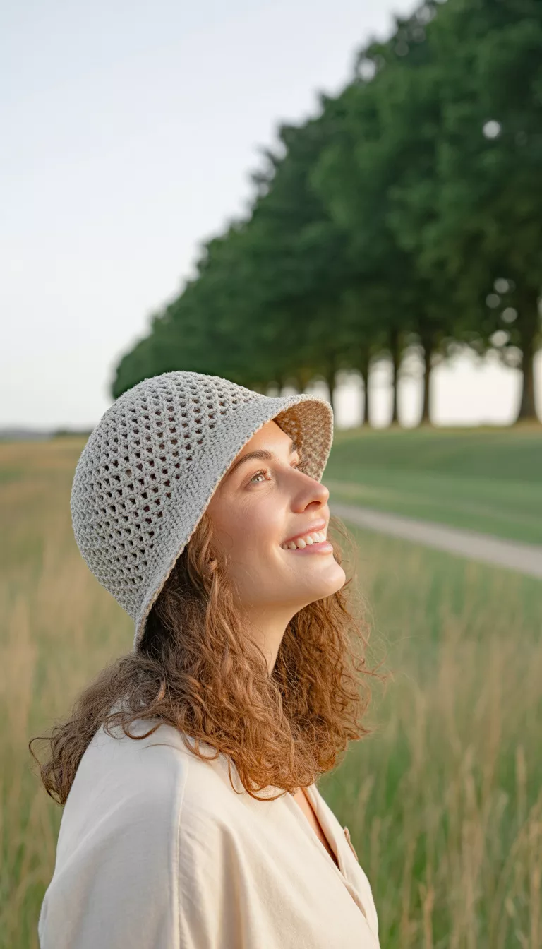 A beautiful smiling woman with wavy brown hair wearing a light beige open knit cloche bucket hat looking up outdoors in natural sunlight.