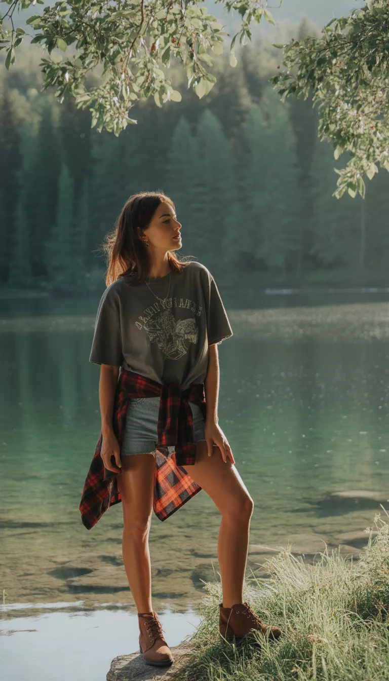 A beautiful 30-year-old woman in a grey graphic t-shirt, a tied plaid shirt, denim shorts, and brown boots, she stands near a body of water in a natural setting.