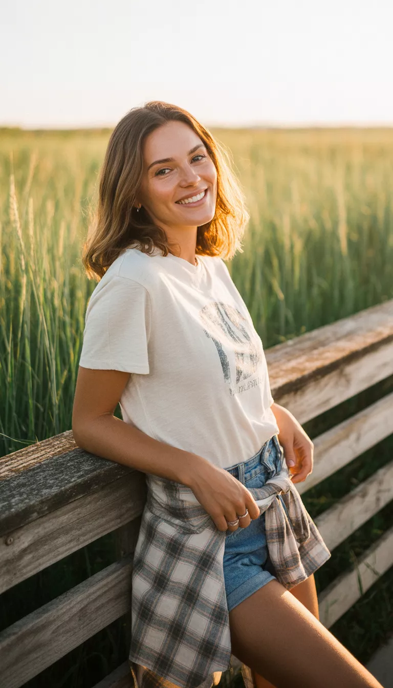 A beautiful 26-year-old woman in a white graphic t-shirt, denim cutoffs, and a plaid shirt tied around her waist, she stands near a wooden walkway.