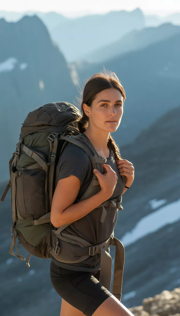 A beautiful 34-year-old woman in a dark t-shirt and black shorts, she carries a large backpack while posing on rocky mountain ground.