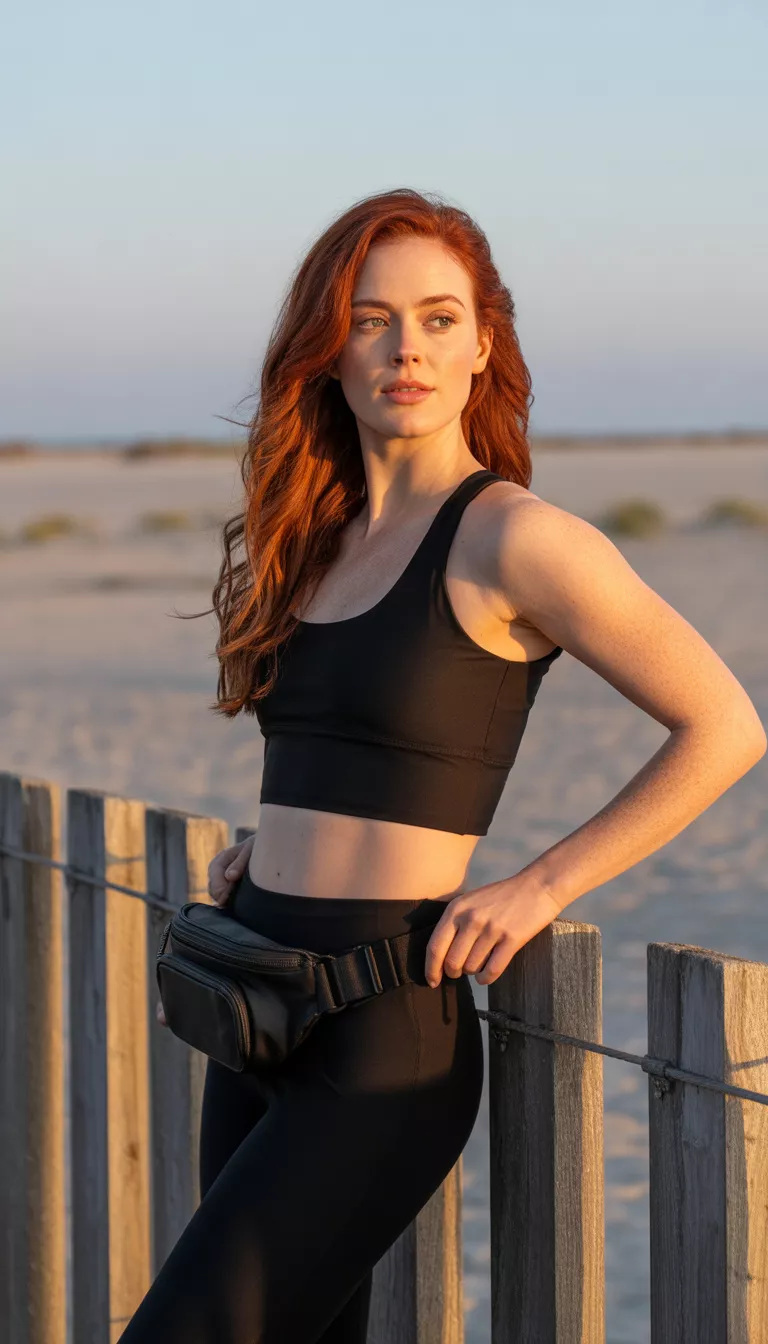A beautiful 29-year-old woman in a black crop top, black leggings, and a black fanny pack, she poses by wooden posts near a sandy area.