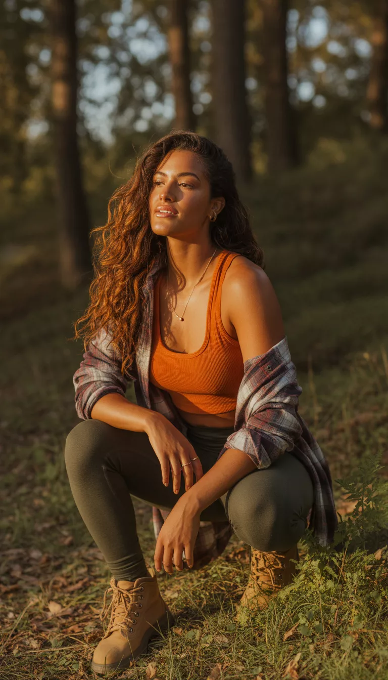 A beautiful 24-year-old woman in an orange tank top, a tied flannel shirt, dark leggings, and tan boots, she poses in a wooded area.