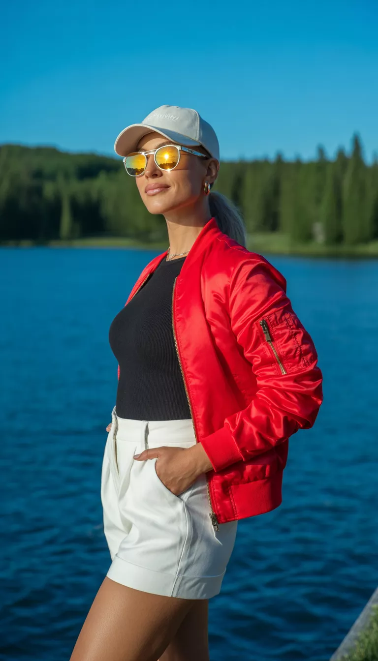 A beautiful 36-year-old woman in a black top, white shorts, a red jacket, a baseball cap, and sunglasses, she stands by a bright blue lake.