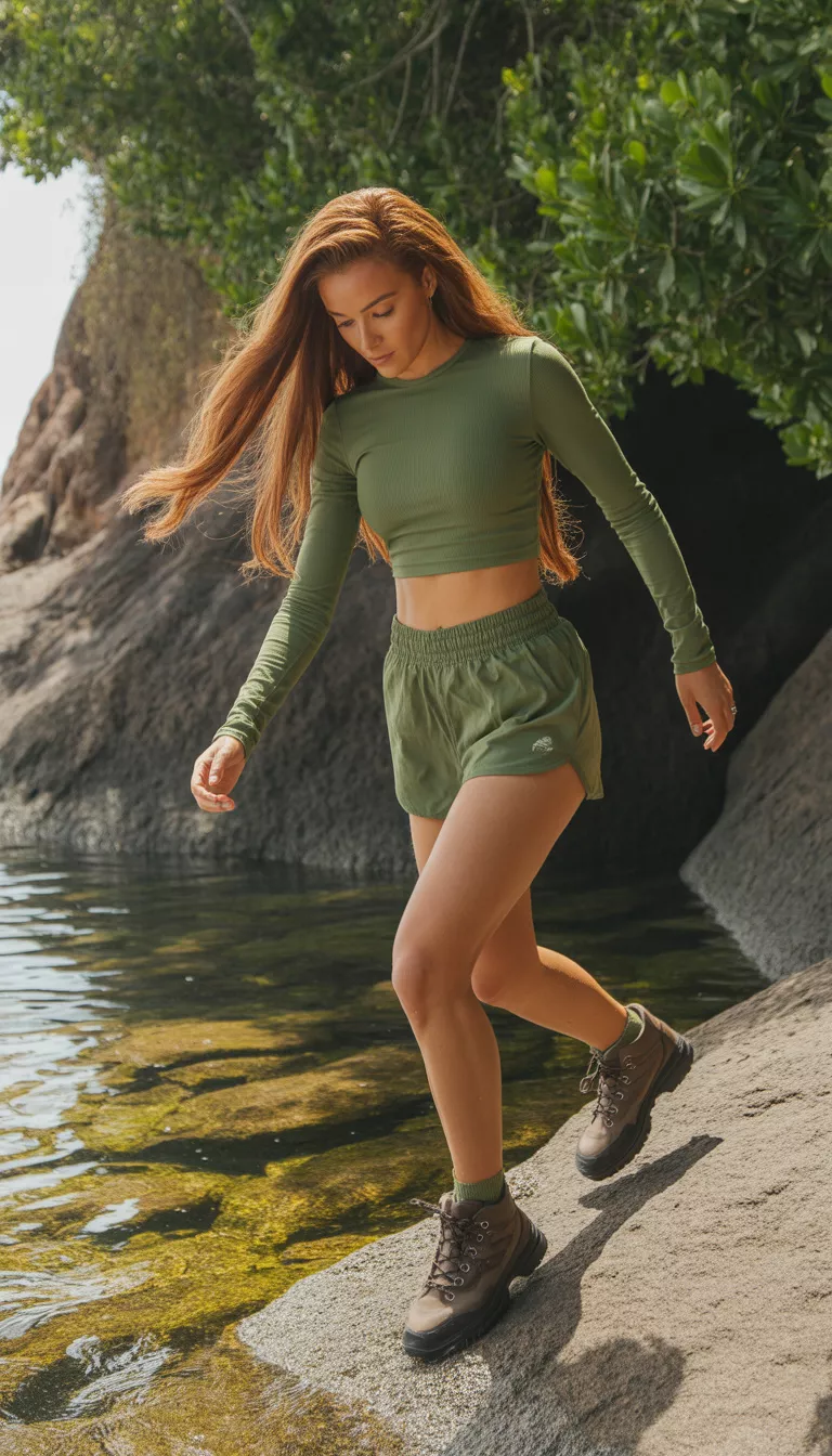 A beautiful 27-year-old woman in an olive green long-sleeve crop top, matching olive shorts, and brown hiking boots, she walks on rocks near water.