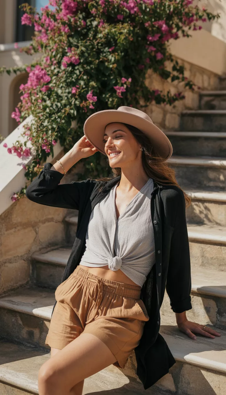 A beautiful 38-year-old woman in a grey top knotted at the waist, tan shorts, a black cardigan, and a beige hat, she poses on stone steps.