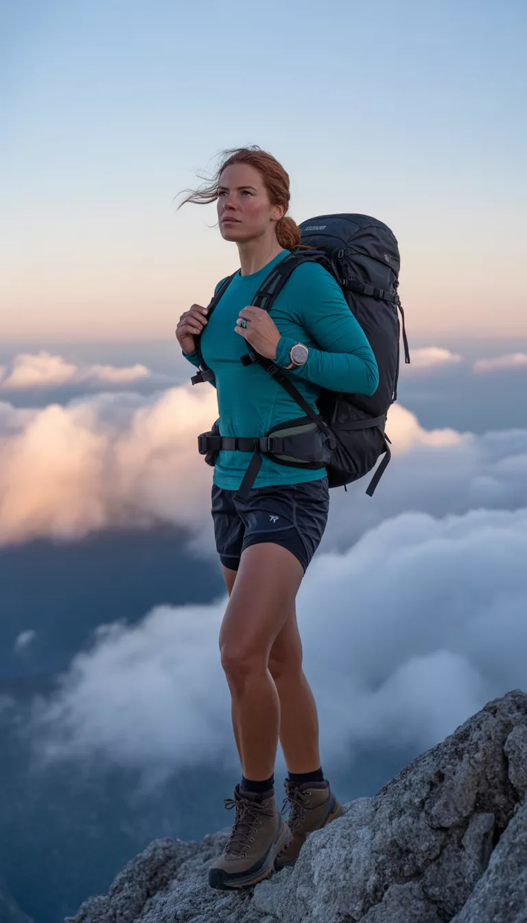 A beautiful 32-year-old woman in a teal long-sleeve top, black shorts, brown hiking boots, and a black backpack, she stands on a summit above the clouds.