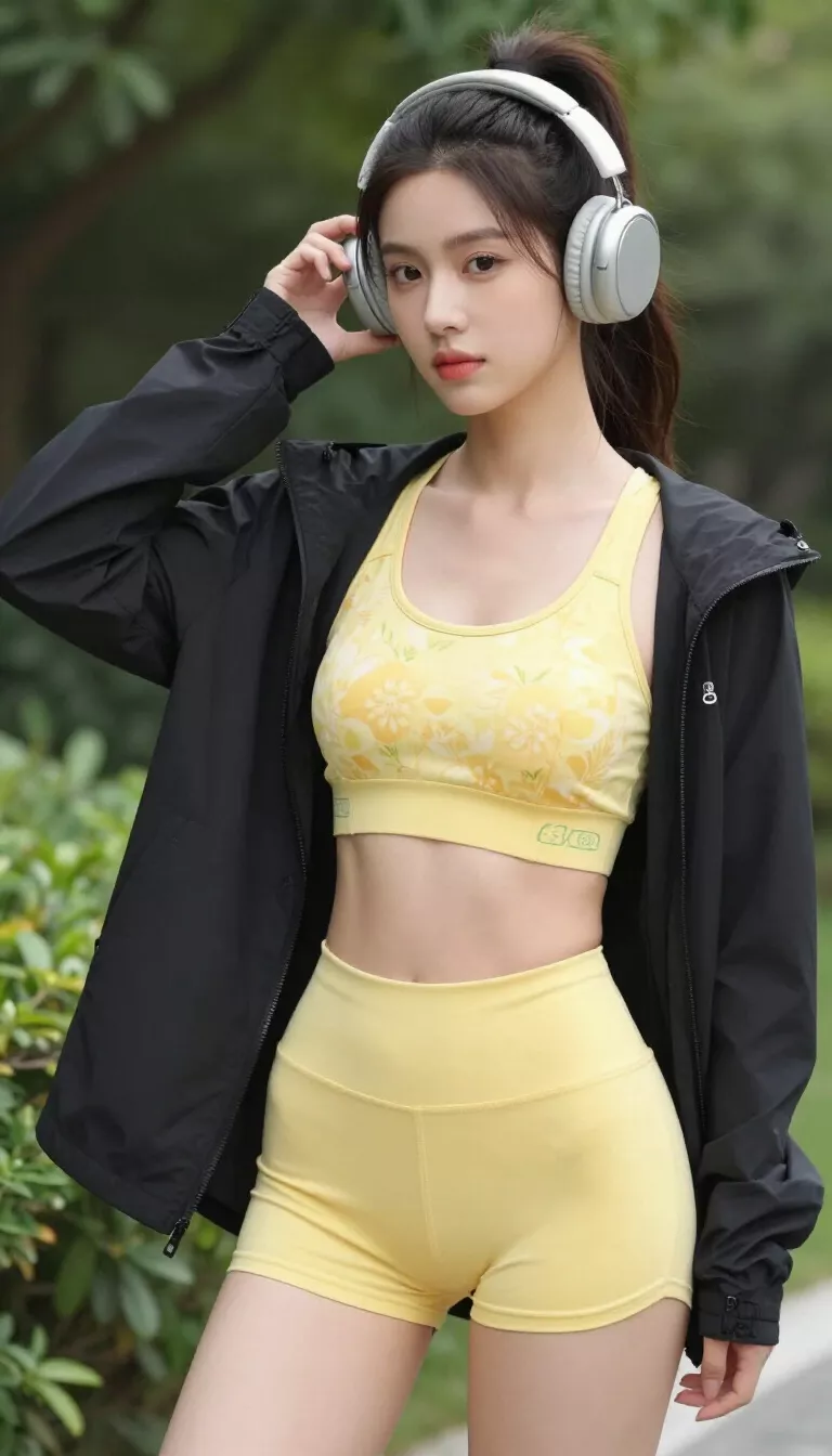 A beautiful 28-year-old woman in a yellow floral sports bra and matching yellow shorts, wearing a black jacket and headphones, she stands near greenery.