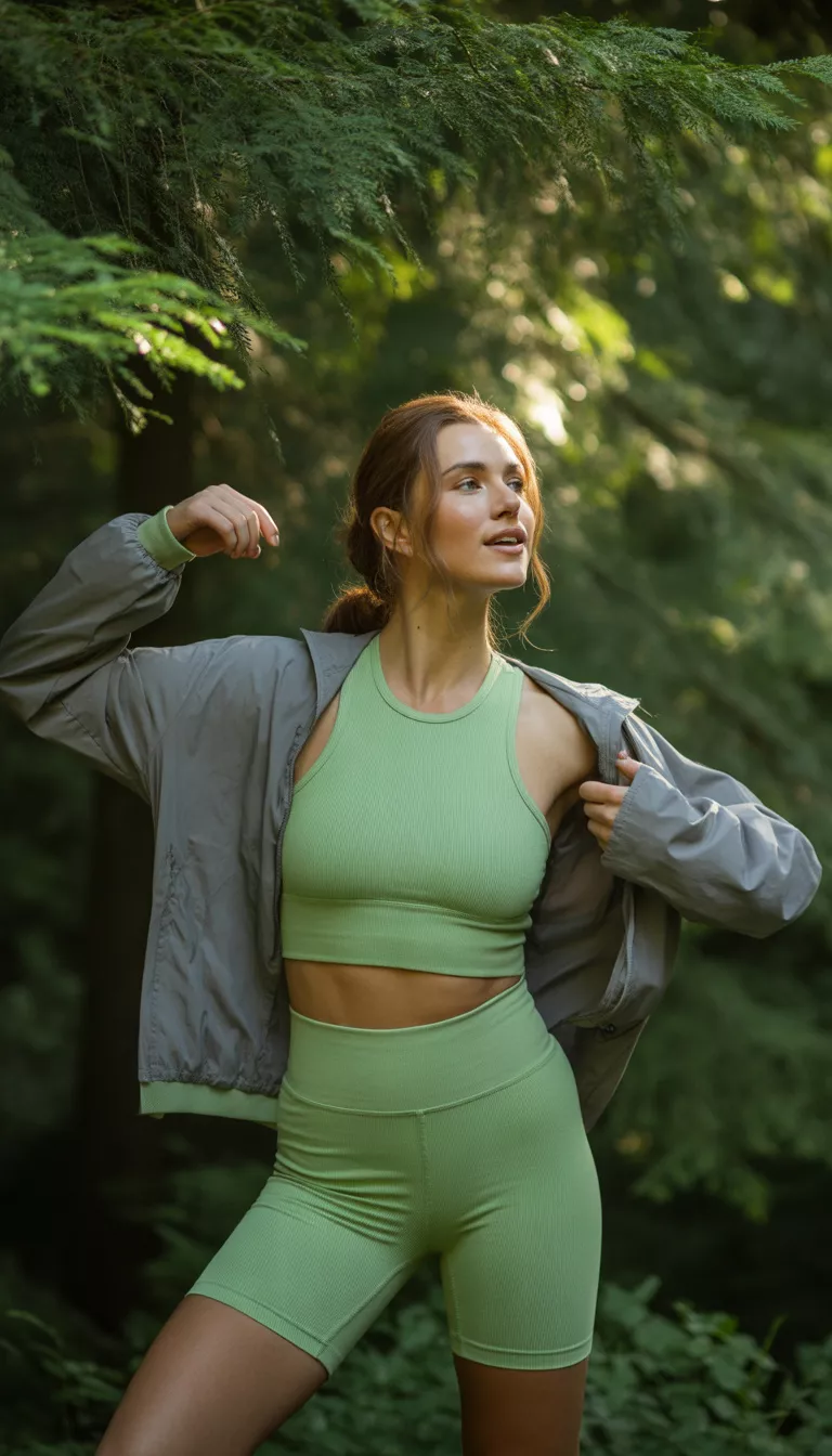 A beautiful 26-year-old woman in a light green athletic set including a crop top and biker shorts, layered with a grey jacket, she poses in a sunlit forest.