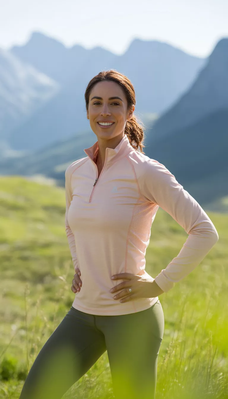 A beautiful 37-year-old woman in a light pink quarter-zip athletic top and dark leggings, she stands in a grassy area with mountains behind her.